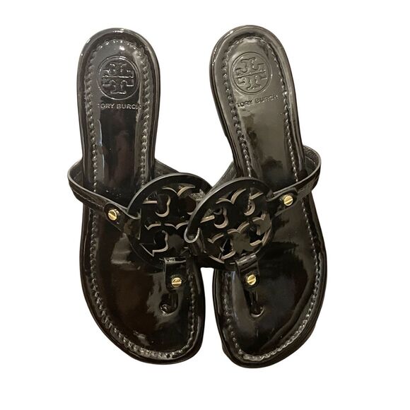 SZ 9 Tory Burch Miller Patent Logo Embellished Sandals Flip Flops in Bla… - Picture 10 of 13